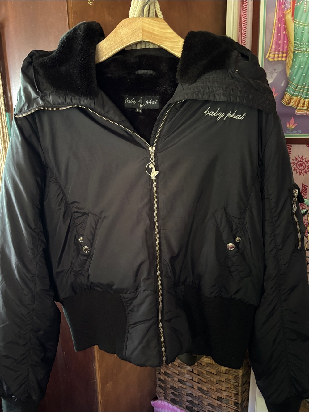 Baby Phat Black Bomber Jacket with Faux Fur Collar
